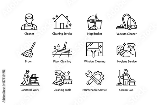 Cleaning service icons: tools and equipment for janitorial and maintenance tasks