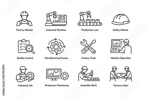 Icon set of factory operations including machines, tools, and workers