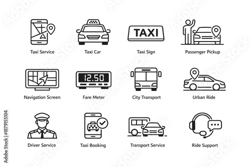 Taxi service and urban transport icons: navigation, fare meter, passenger pickup