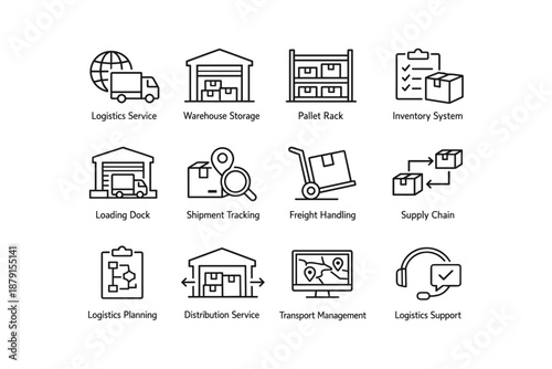 Logistics and supply chain icons: services, storage, and management