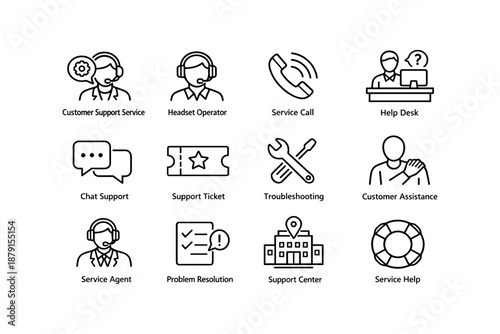 Customer support icons: headset, service call, help desk, chat support, troubleshooting