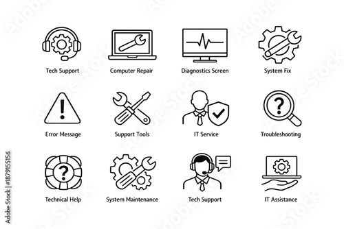 Icons of tech support and computer repair tools for it assistance