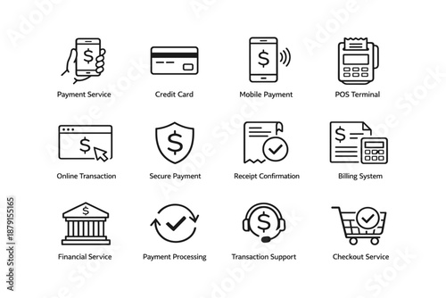 Financial service icon set featuring payment, credit, mobile, and online transaction