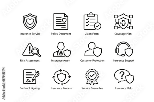 Insurance service icons: policy, claim, coverage, risk, support