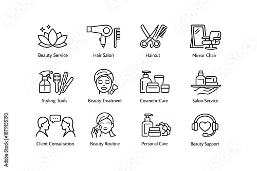 Salon services and beauty care icons - hair, styling, cosmetic, personal, support