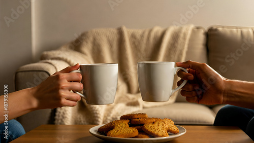 Couple holding white coffee mugs over table with cookies in cozy living room representing home comfort, warm conversation, relaxation and simple everyday moments
