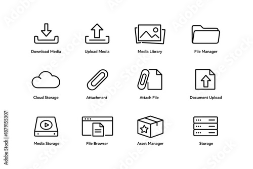 Set of outline icons representing media and document management functions