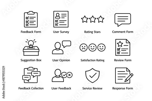 User interaction icons set: feedback forms, surveys, ratings, comments, suggestions