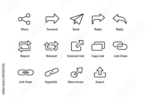 Set of 15 black communication and sharing icons with arrows and links