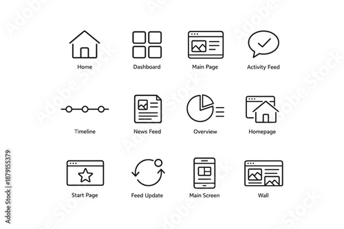 Web interface icons: home, dashboard, main page, and activity feed symbols