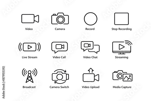 Multimedia icons set: video, camera, streaming, broadcast, media capture
