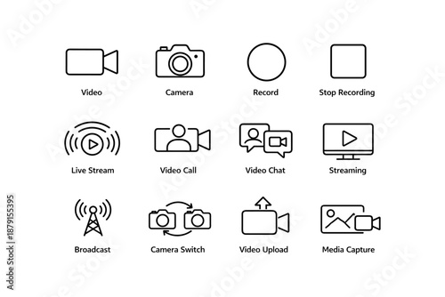 Minimalist icons for video, camera, recording, and streaming applications