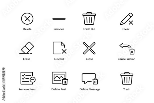 Set of 12 minimalist line icons for deletion and removal tasks