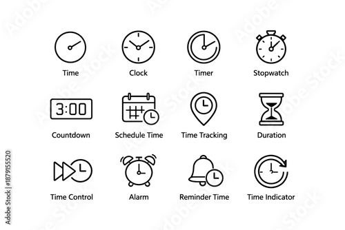 Time management icon set featuring clocks, timers, stopwatches, and alarms