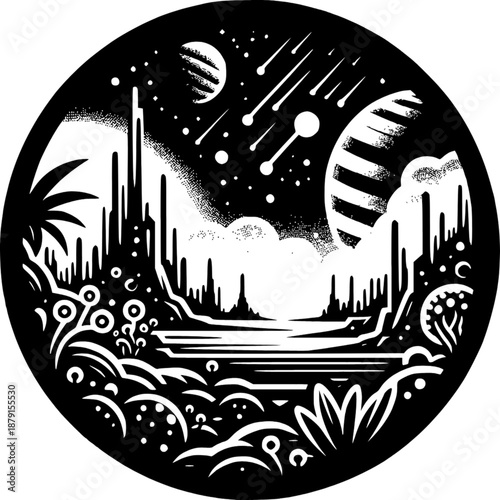Celestial Dreamscape: An artistic illustration captures a mesmerizing interstellar realm, with planets, shooting stars, and an otherworldly landscape contained within a circular frame.