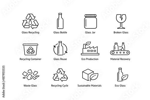 Glass recycling and reuse icons: eco-friendly waste management and sustainable practices