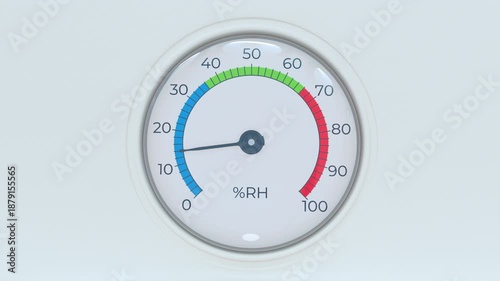 Circular humidity gauge with needle at midpoint.
Animation of analog hygrometer dial displaying rising gauge humidity with blue-to-red scale.