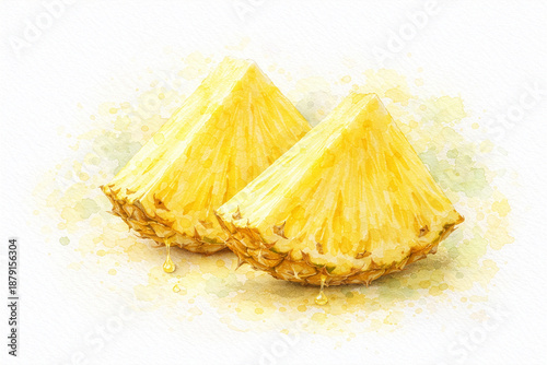 Tropical pineapple fruit watercolor painting, fresh sliced pineapple isolated on white