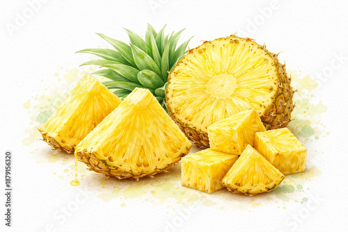 Watercolor illustration of fresh pineapple slices with leaves, isolated on white background