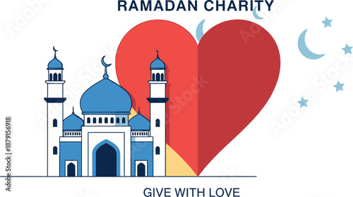 Ramadan Charity concept with a beautiful blue mosque and large red heart illustration representing generosity and love