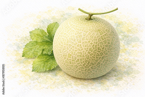Watercolor illustration of fresh melon with leaves, isolated on white background