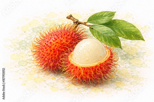 Watercolor illustration of fresh rambutan fruit with leaves, isolated on white background