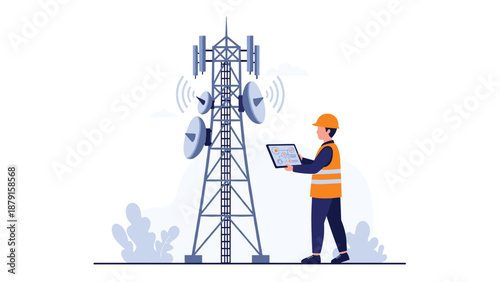Telecommunication engineer in safety vest and hard hat inspecting a cellular tower with a digital tablet, ensuring optimal network performance and maintenance of critical infrastructure.