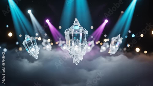 Crystal Lanterns Floating in Moody Atmospheric Setting Under Colorful Spotlights