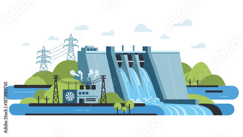Large hydroelectric power dam with water cascading through multiple spillways, featuring a power plant and transmission lines, symbolizing renewable energy generation and industrial infrastructure.