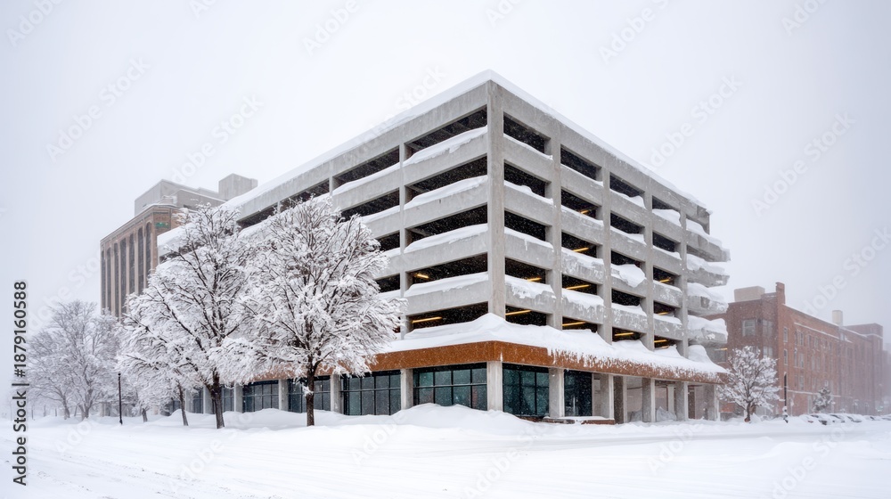 Fototapeta premium Multi-floor concrete parking structure partially covered in snow during a blizzard with trees and buildings in the background