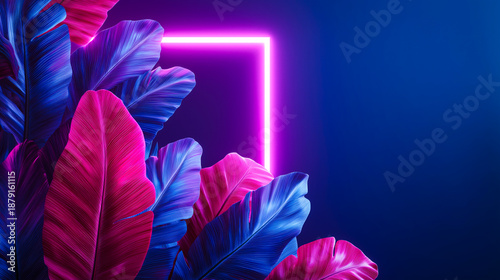 Bright blue and pink tropical banana leaves frame a glowing magenta neon square against a dark blue background