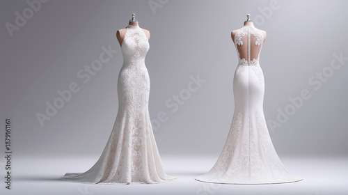 Sophisticated white lace sleeveless halter wedding gown with open back on mannequin against gray studio background