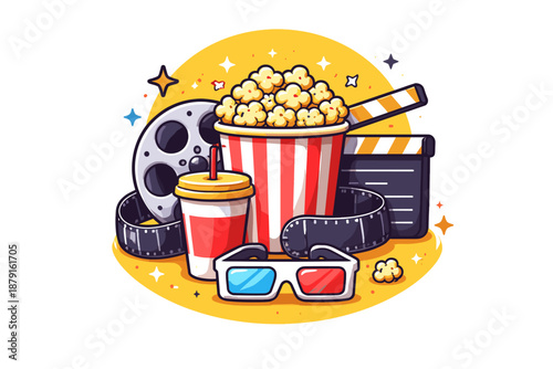 Colorful Cinema and Movie Night Illustration with Popcorn, Soft Drink, Film Reel and 3D Glasses in Modern Cartoon Style