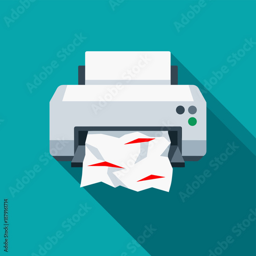 Flat Vector Illustration of Printer Printing Documents with Paper Jam Error for Office, Technology and Business Concept
