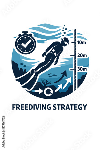 Infographic/logo/poster in the style of freediving strategy — round design in blue and light blue tones (ocean, depth, waves): silhouette of a freediver (in fins, mask, wetsuit) diving down.