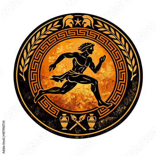 Classic round emblem/medallion in ancient Greek style, inspired by the Olympic Games and Greek mythology.