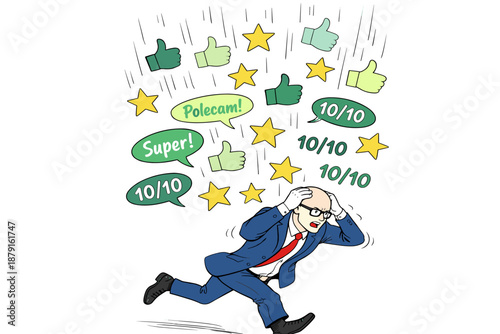 Cartoon/comic-style drawing: a businessman in a suit runs in panic, holding his head with his hands. Green likes, gold stars, green bubbles, ‘Super!’, ‘10/10’ fall on him like rain from the sky.