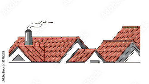 Horizontal view of charming house rooftops with red tiled roofs and a smoking chimney, evoking a cozy, traditional neighborhood or village atmosphere and residential living.