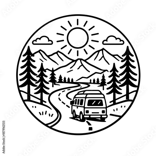 Line art (line art/outline style, completely black and white) in the form of a round medallion/emblem/badge. A minibus is driving along a winding road, majestic mountains, snow-capped peaks.