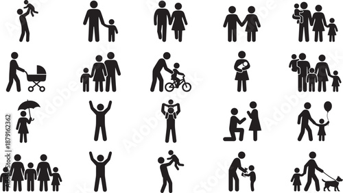 Large Set of Family Stick Figure Icons Featuring Parents Children Couples Proposing Walking Dog and Pushing Stroller for Life Events Design Isolated on White Background