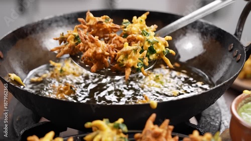 Frying Vegetable Pakoras in Hot Oil in a Wok, Indian Cuisine