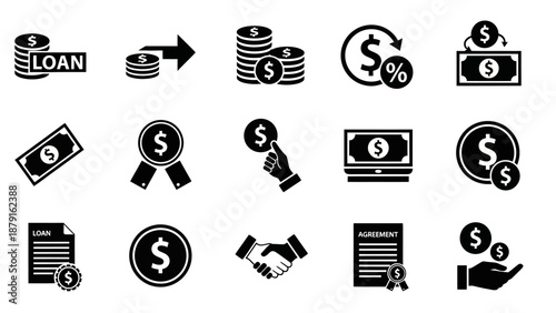 Black silhouette finance icon pack with various money and banking symbols on a white background.