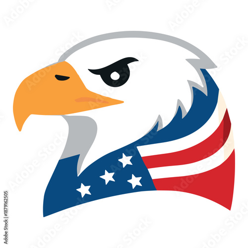 the head of a bald eagle — the official bird symbol of the United States — with an aggressive, stern gaze, orange beak and characteristic ‘cape’ in the colours of the American flag