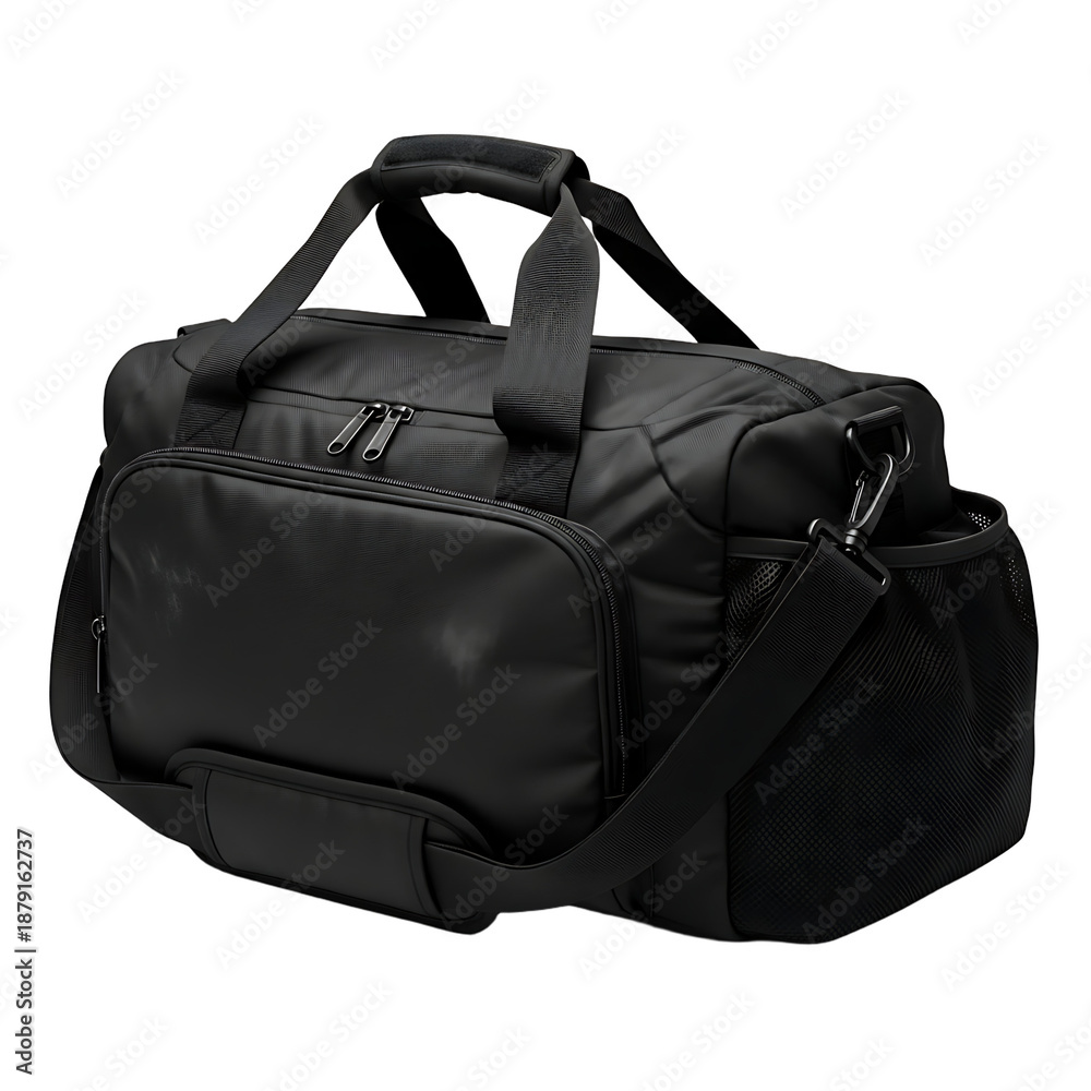 Naklejka premium A black duffel bag with multiple compartments on transparent background
