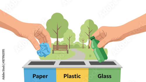 Hands sorting waste into separate recycling bins for paper, plastic, and glass in a park setting, promoting environmental responsibility, sustainability, and proper waste management practices.