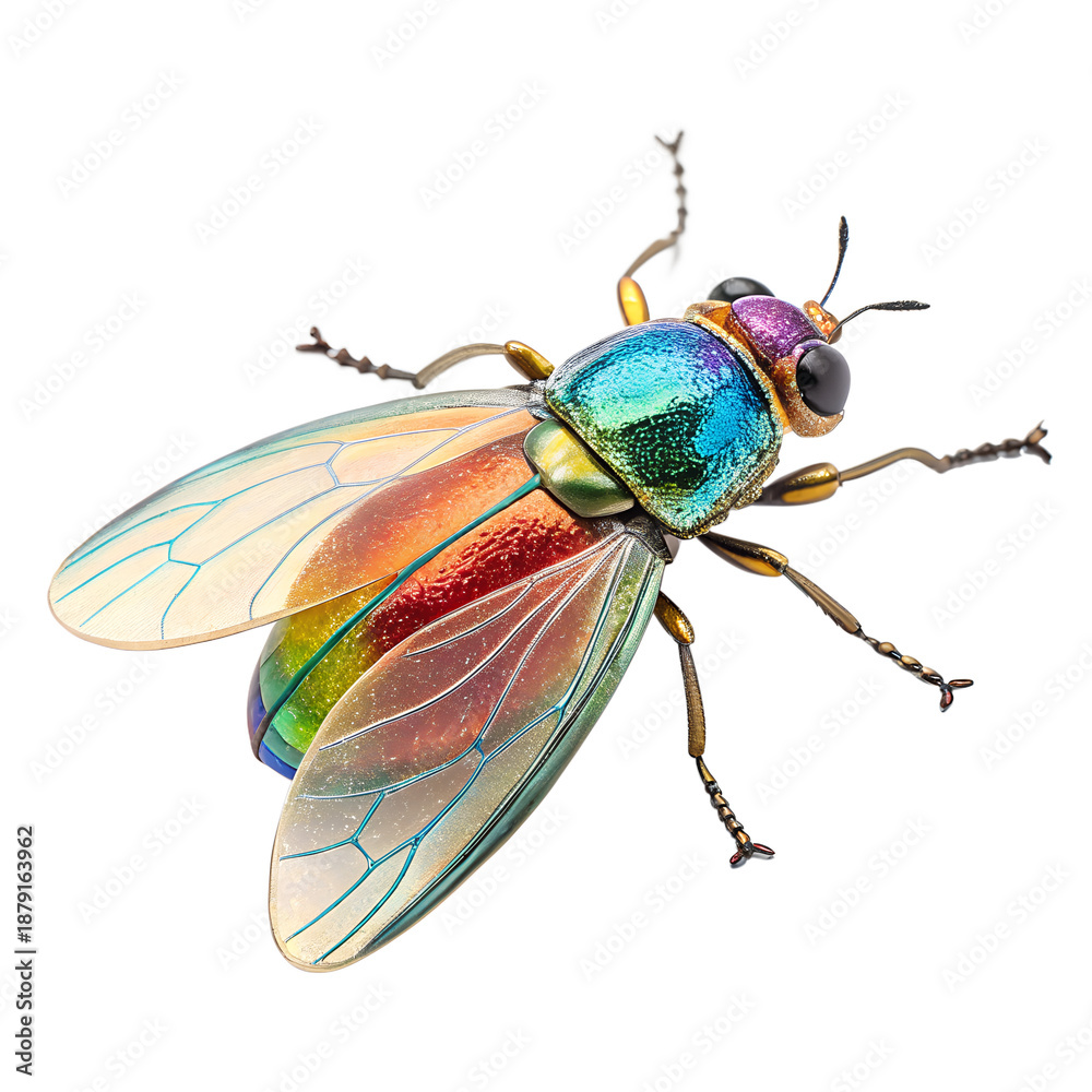 Fototapeta premium Vibrant Iridescent Insect with Translucent Wings on Black