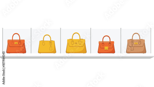 Collection of five elegant women's handbags in various shades of orange and brown displayed on a shelf, symbolizing fashion, luxury accessories, and retail shopping for stylish women.