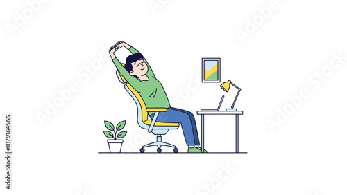 Relaxed man stretching his arms above his head while sitting in an office chair at a desk with a laptop, symbolizing a break from work, stress relief, and promoting workplace wellness.