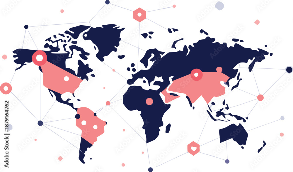 Fototapeta premium Global map with highlighted regions and markers indicating international connections