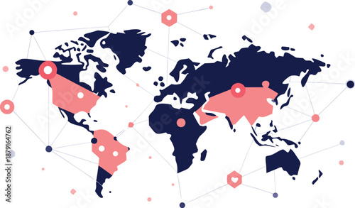 Global map with highlighted regions and markers indicating international connections